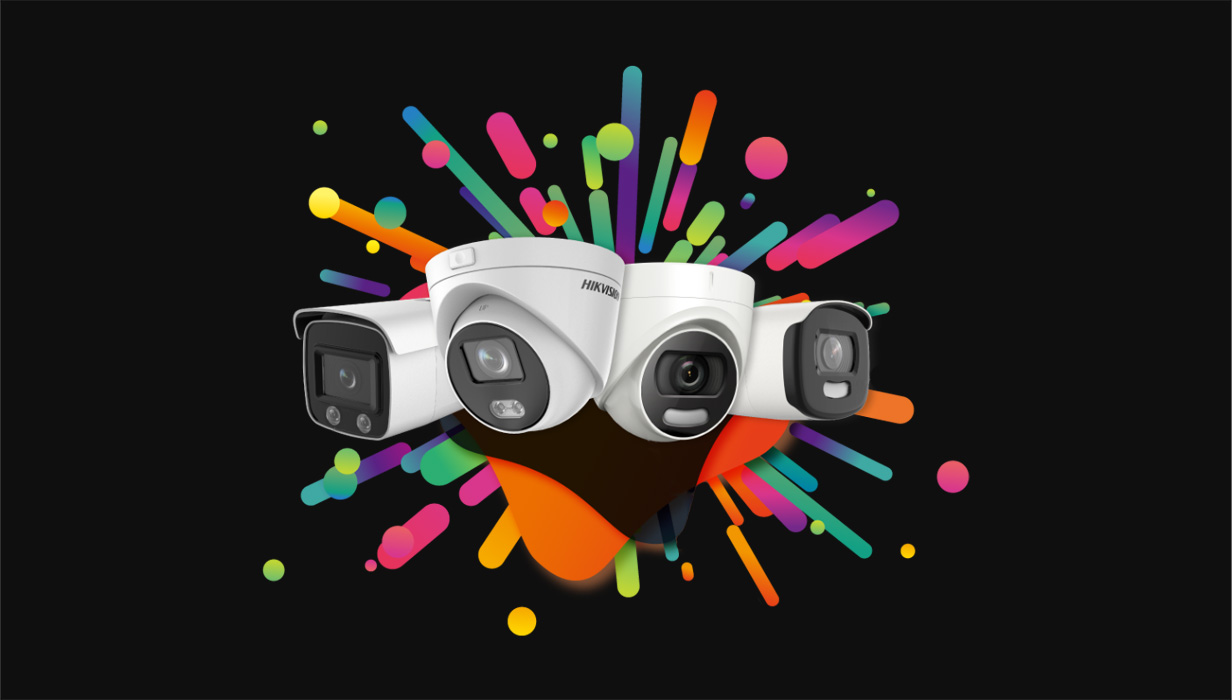Hikvision  white cctv cameras with a slashy colourful background
